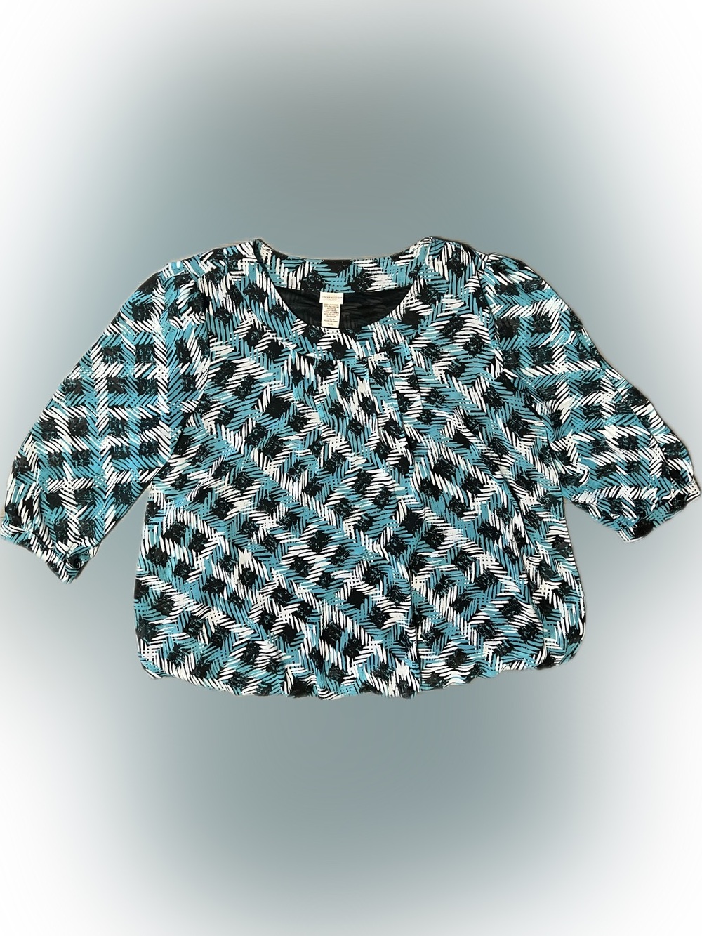 💥Women’s Sheer Lined Teal Black Patterned 3/4 Sleeve Top Shirt Blouse XL